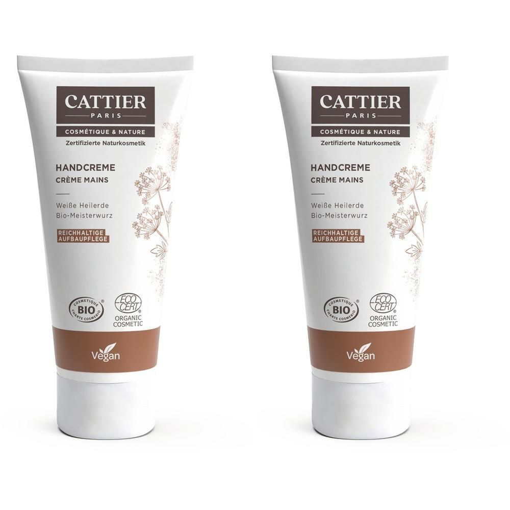 Zwei Tuben Handcreme. Weiß-braune Verpackung mit Schriftzug CATTIER PARIS, Handcreme, Bio-Siegel und Vegan-Logo.