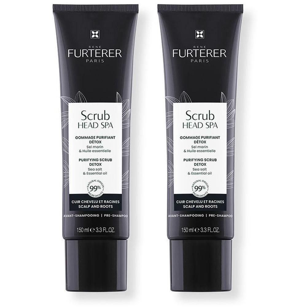 Zwei schwarze Tuben mit weißer Schrift. Aufschrift: FURTERER PARIS, Scrub Head Spa, Gommage Purifiant Détox, 150 ml.