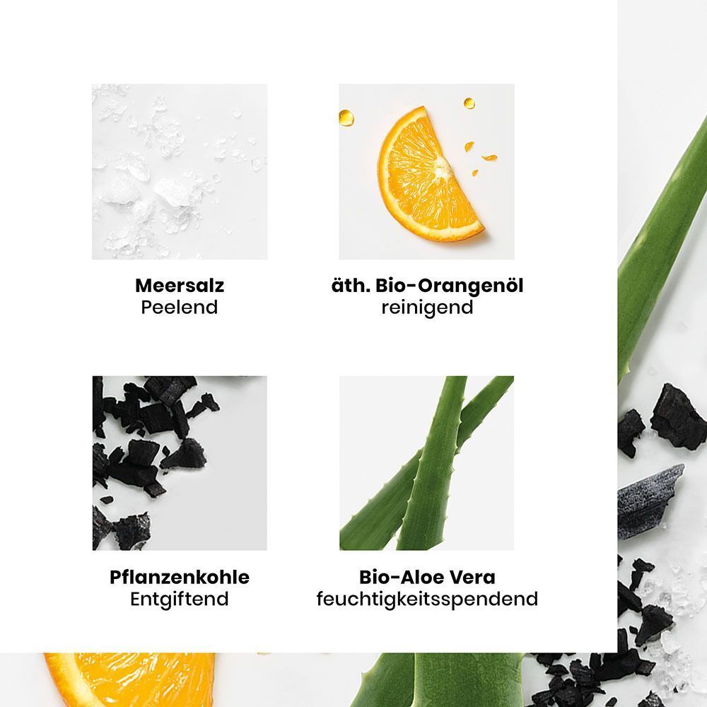 Vier Bilder: Meersalz, äth. Bio-Orangenöl, Pflanzenkohle, Bio-Aloe Vera. Text: peelend, reinigend, entgiftend, feuchtigkeitsspendend.
