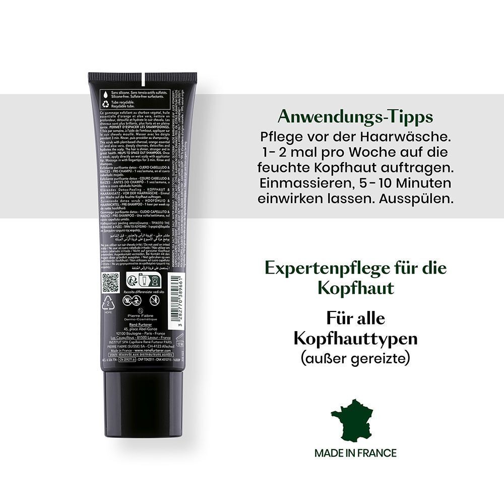 Rückseite der Tube. Anwendungstipps: 1-2 mal pro Woche auf die feuchte Kopfhaut auftragen. Für alle Kopfhauttypen (außer gereizte).