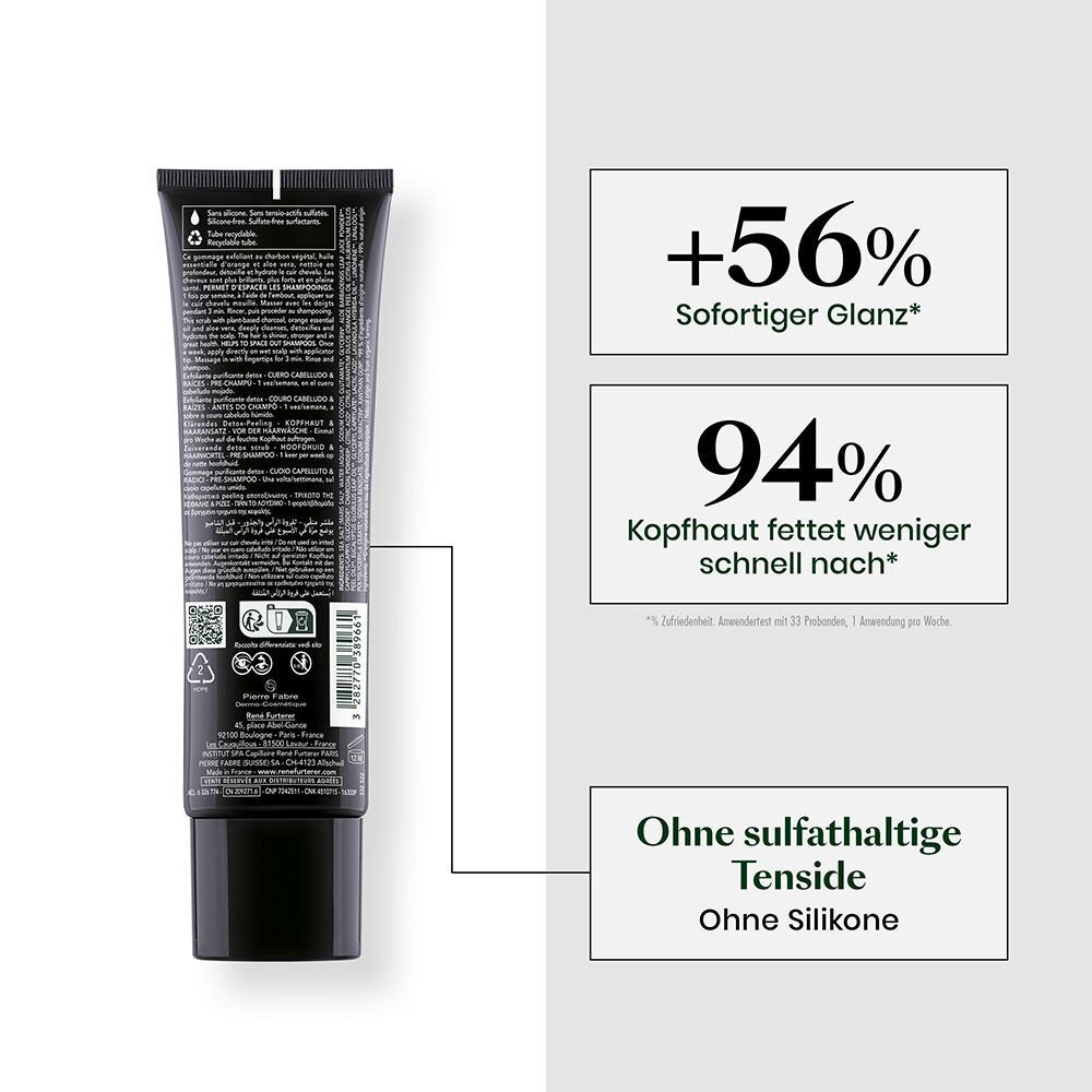 Rückseite der Tube. Text: +56% Sofortiger Glanz, 94% Kopfhaut fettet weniger schnell nach. Ohne sulfathaltige Tenside, ohne Silikone.