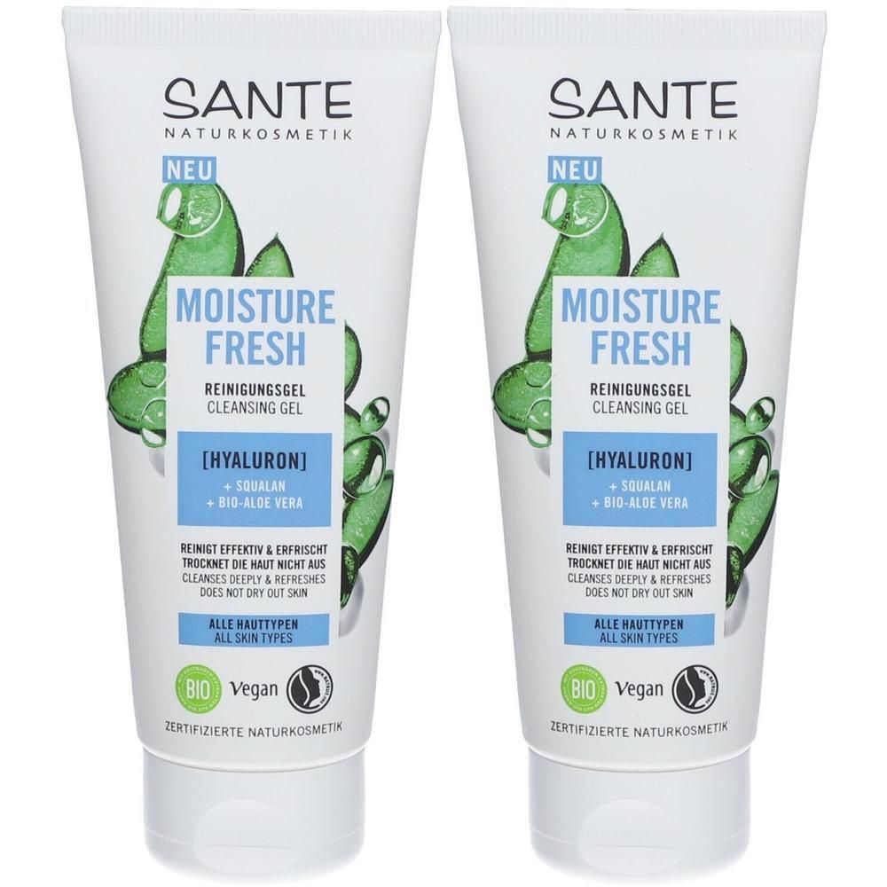 Zwei Tuben SANTE MOISTURE FRESH Reinigungsgel. Weiße Tuben mit grünen Illustrationen und Produktinformationen. Enthält Hyaluron, Squalen und Bio-Aloe Vera.