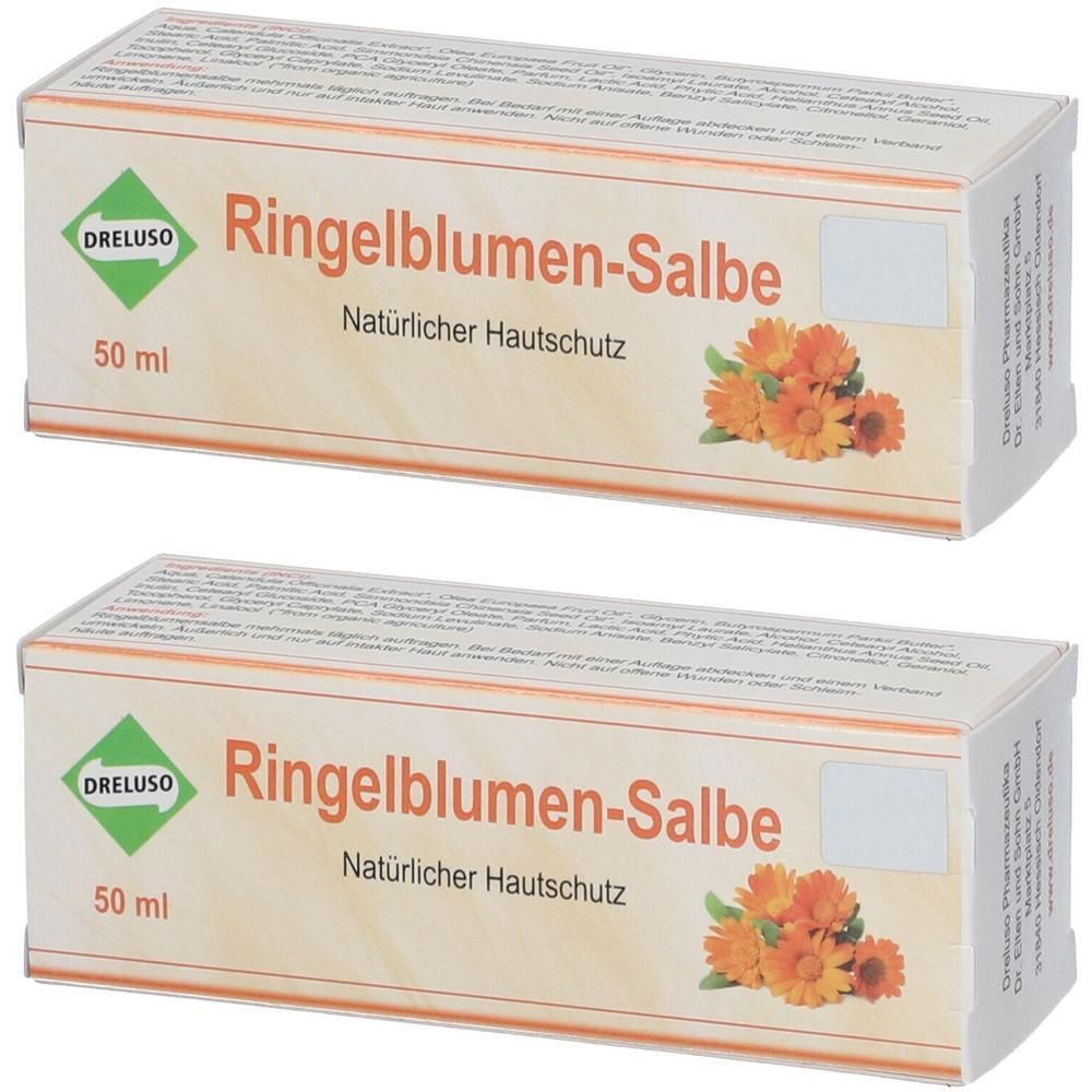 Zwei Kartons mit Ringelblumen-Salbe. Aufschrift: DRELUSO, 50 ml, Ringelblumen-Salbe, Natürlicher Hautschutz. Abbildung von Blüten.