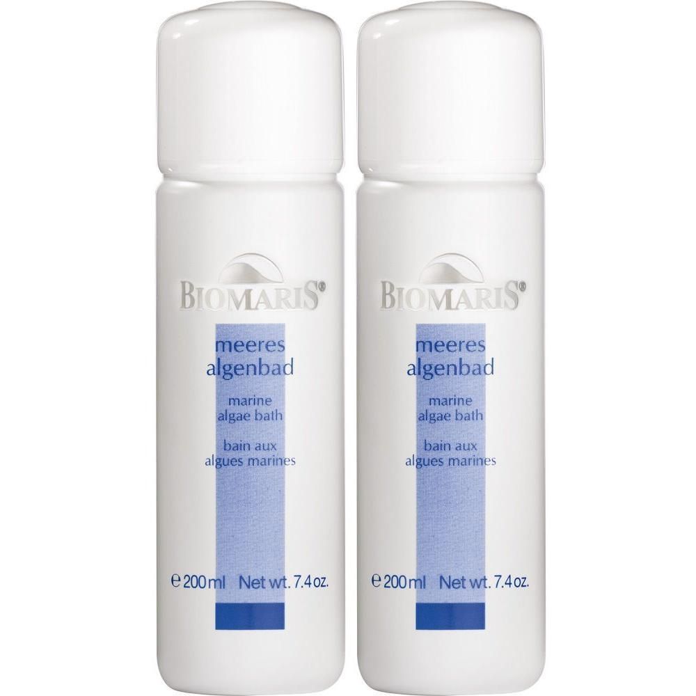 Zwei weiße Flaschen mit Schraubverschluss. Aufschrift: BIOMARIS, Meeresalgenbad, marine algae bath, bain aux algues marines. 200ml, Net wt. 7.4oz.