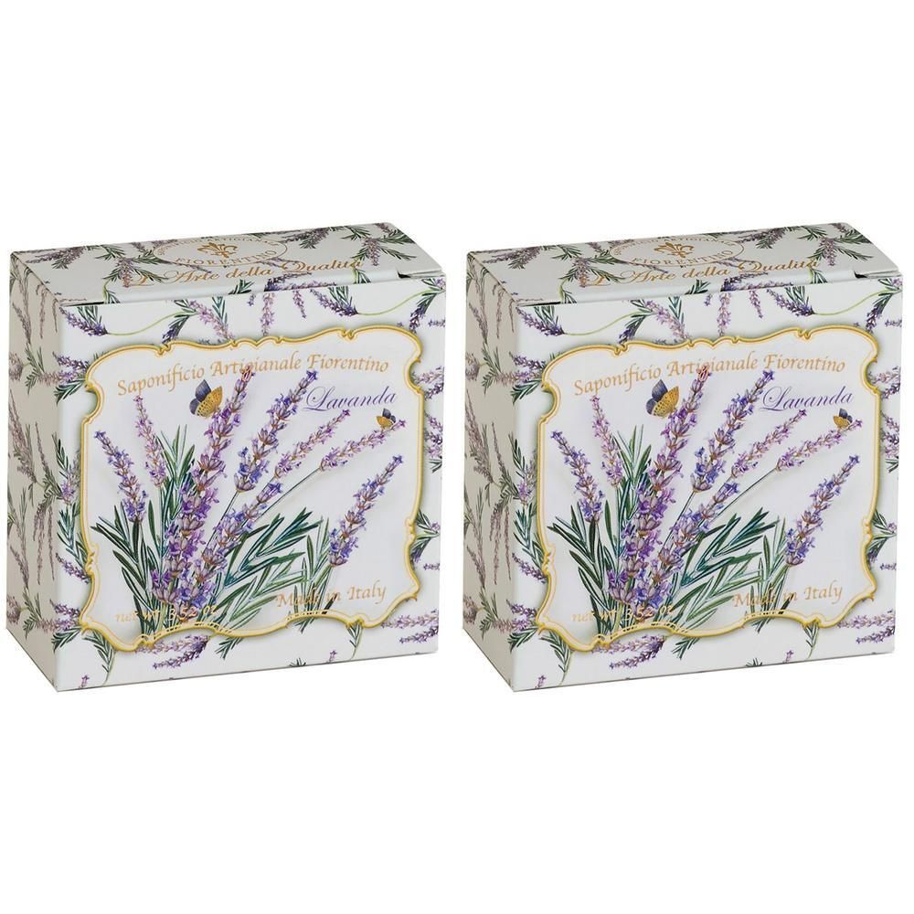 Zwei rechteckige Schachteln mit Lavendel-Motiv. Aufschrift: Saponificio Artigianale Fiorentino Lavanda, Italy.