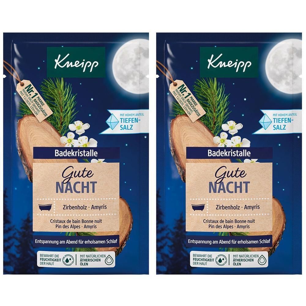 Zwei Beutel KNEIPP Badekristalle Gute Nacht. Verpackung mit Mond, Holz, Blumen und Text. Enthält Tiefensalz.