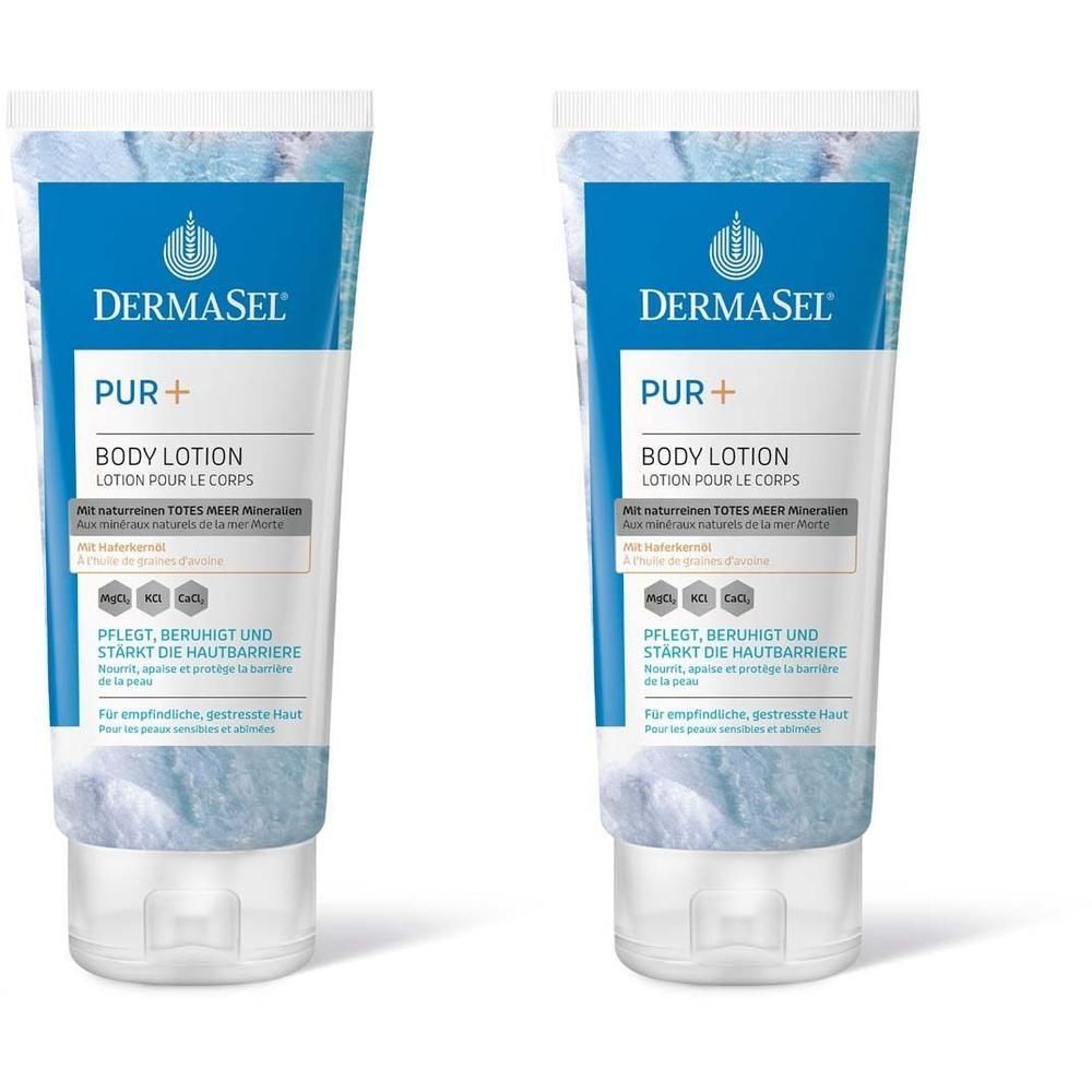 Zwei Tuben DermaSel PUR+ Body Lotion. Weiße Tuben mit blauem Etikett. Text: Body Lotion, mit Mineralien.