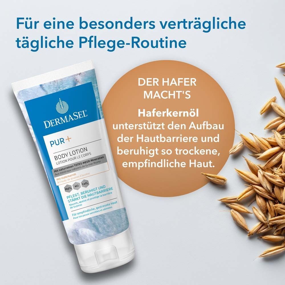 Tube DermaSel PUR+ Body Lotion neben braunem Kreis mit Text. Text: Haferkernöl unterstützt die Hautbarriere.