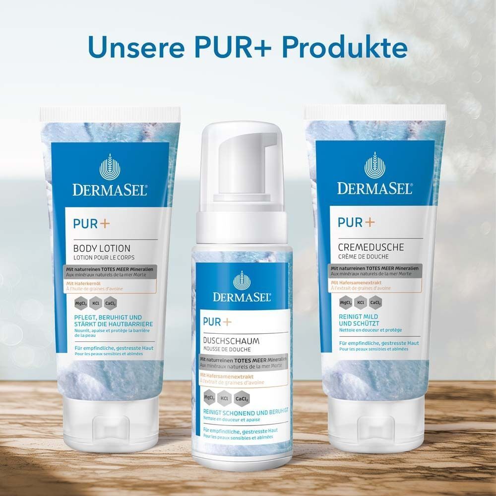 Drei Produkte: Body Lotion, Duschschaum, Cremedusche. Alle mit DermaSel PUR+ Logo.