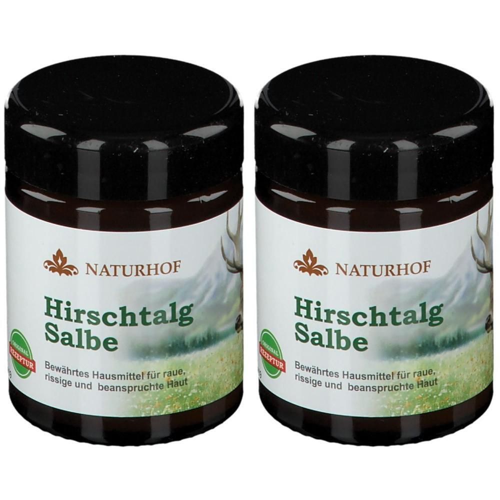 Zwei Dosen NATURHOF Hirschtalg Salbe. Braune Gläser mit schwarzen Deckeln. Etikett mit Produktname und Logo.
