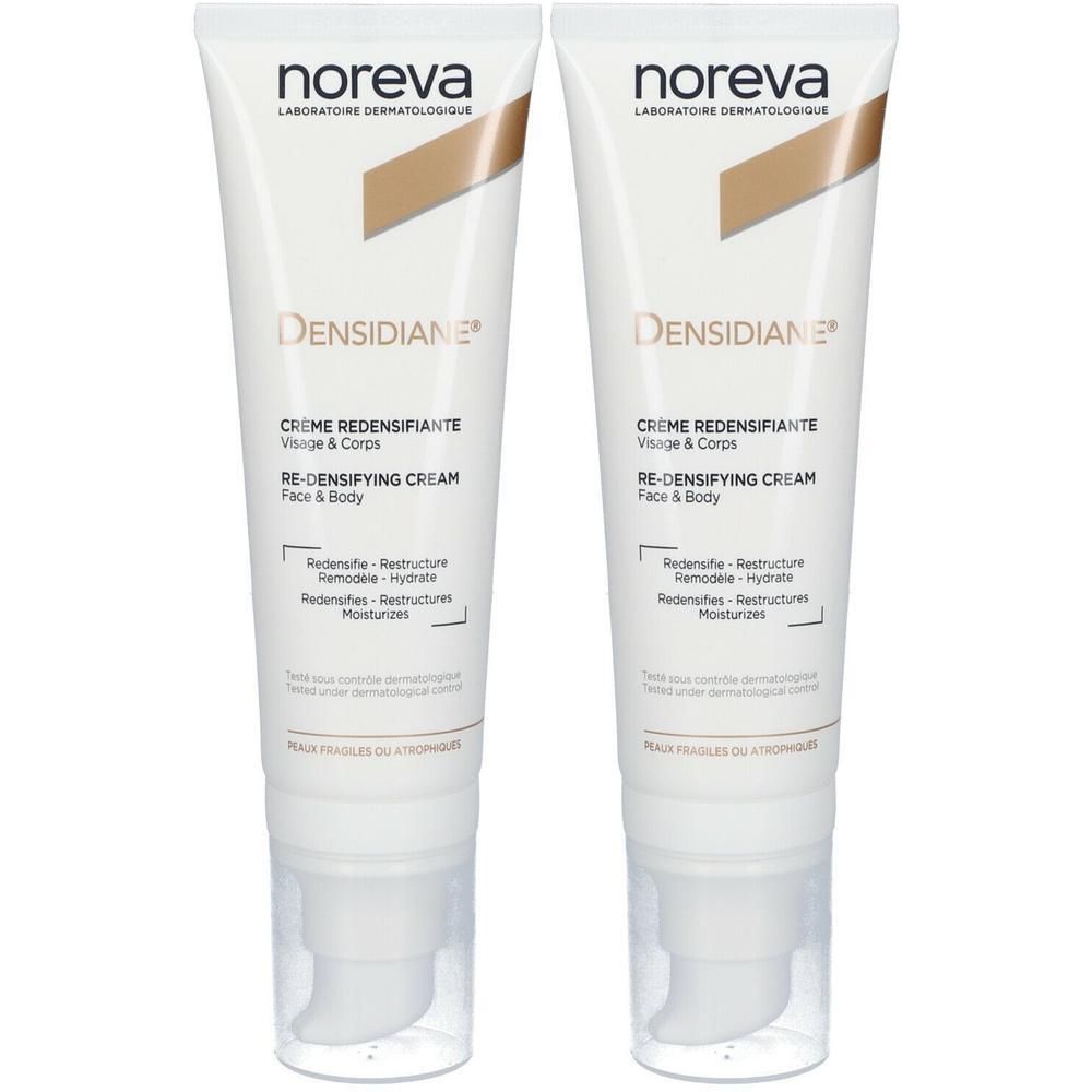 Zwei Tuben Creme. Weiße Tuben mit Aufschrift "NOREVA" und "DENSIDIANE". Text: Creme Redensifiante, Re-Densifying Cream.