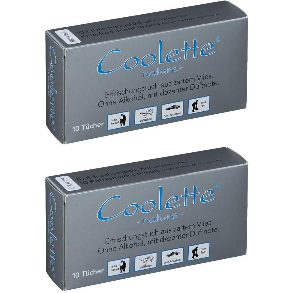 Zwei graue Kartons mit "Coolette"-Logo und Text. Enthält Erfrischungstücher. Aufschrift: "10 Tücher".