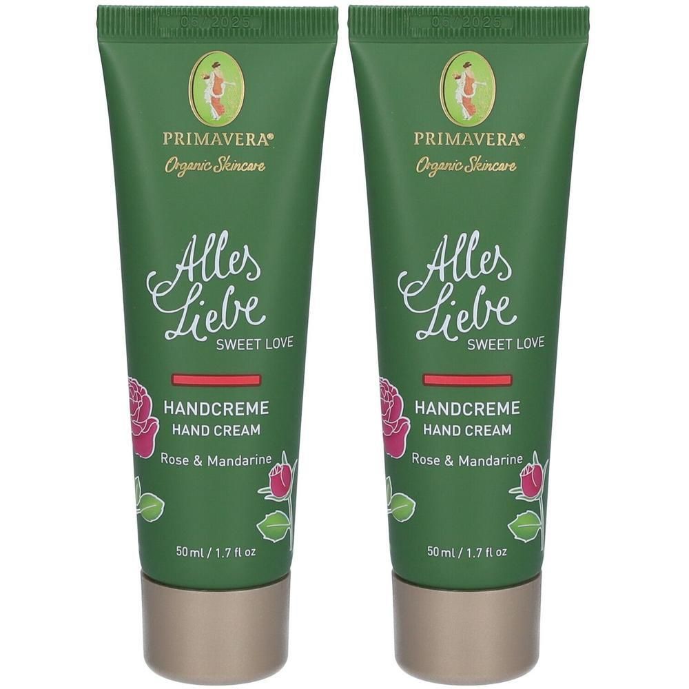 Zwei grüne Handcreme-Tuben. Aufschrift: Alles Liebe, Handcreme, Rose & Mandarine. Marke: Primavera. 50ml/1.7 fl oz.