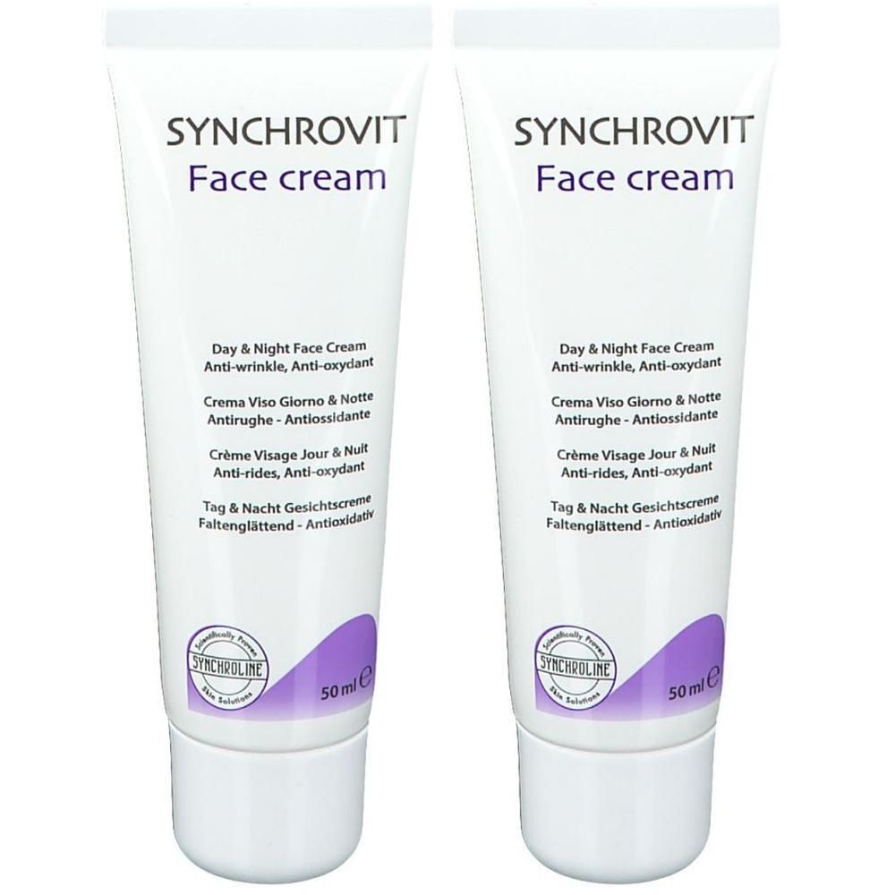 Zwei Tuben Gesichtscreme. Aufschrift: SYNCHROVIT Face cream. Text in mehreren Sprachen. 50ml. Lila und weiße Verpackung.