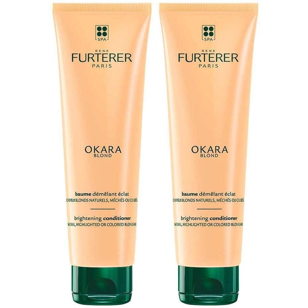 Zwei Tuben Balsam. Aufschrift: FURTERER PARIS, OKARA BLOND, brightening conditioner. Grün-beige Farbgebung.