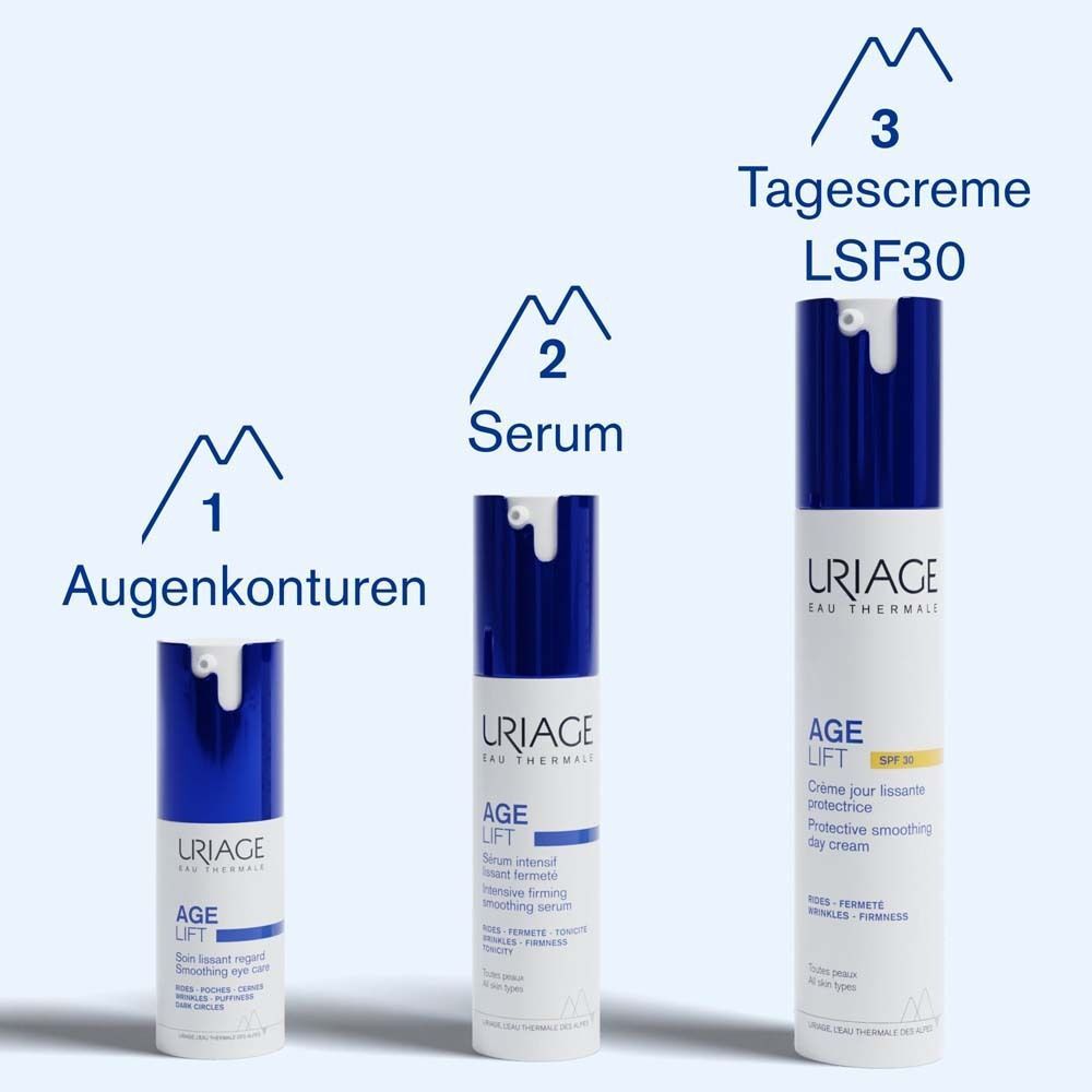 Drei Flaschen: Augenkonturen, Serum, Tagescreme LSF30. Alle mit blauen Kappen und URIAGE-Logo.