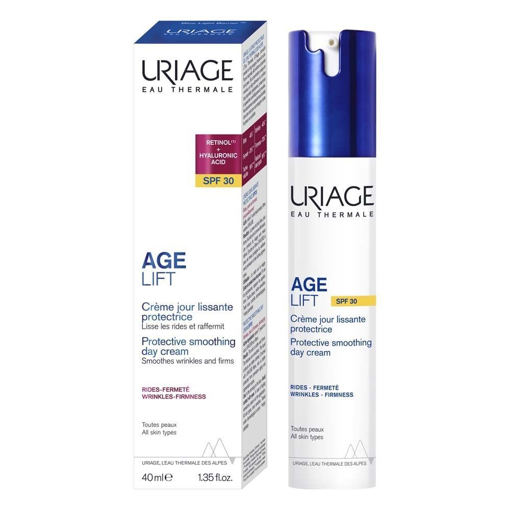 Produktverpackung: URIAGE Age Lift LSF 30 Creme. Text: Lisse les rides et raffermit. 40ml, 1.35 fl.oz.