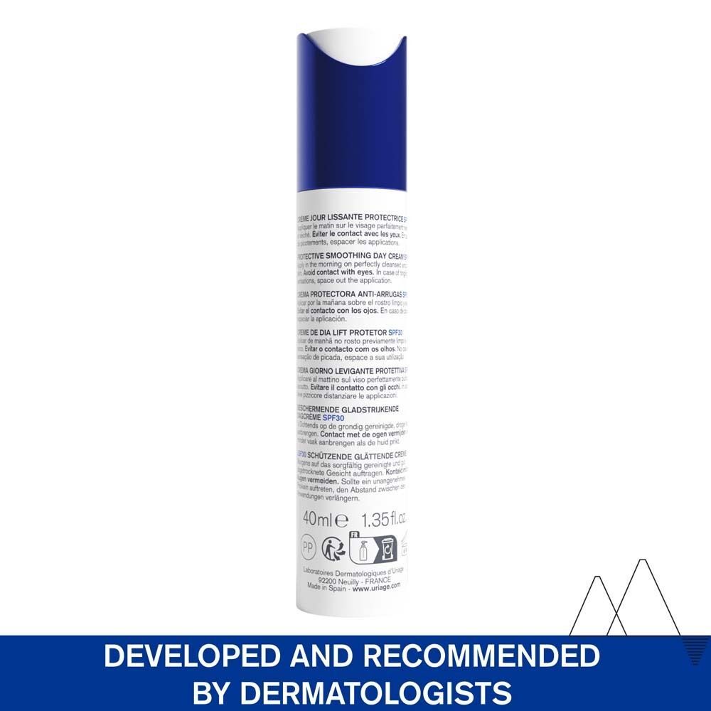 Rückseite der Flasche URIAGE Age Lift. Text: Entwickelt und empfohlen von Dermatologen. 40ml, 1.35 fl.oz.