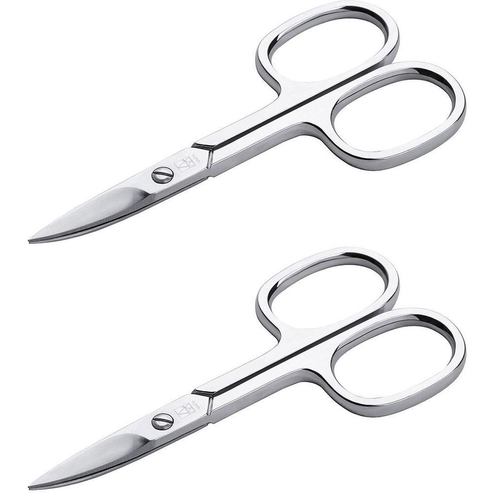 Zwei silberfarbene Nagelscheren für Linkshänder. Metall, gebogene Griffe, abgerundete Spitzen. Auf den Scheren ist ein Logo zu sehen.