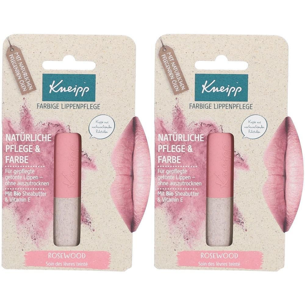 Zwei Lippenpflegestifte in Kartonverpackung. Marke Kneipp. Rosa Lippenstift mit weißem Unterteil. Aufschrift: Rosewood. Mit natürlichem Pflegeöl.