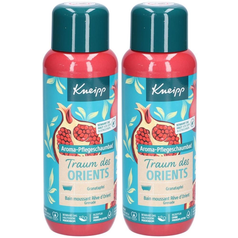 Zwei Flaschen mit rotem und blauem Design. Aufschrift: Kneipp, Aroma-Pflegeschaumbad Traum des Orients. Granatapfel. Grüne Deckel.
