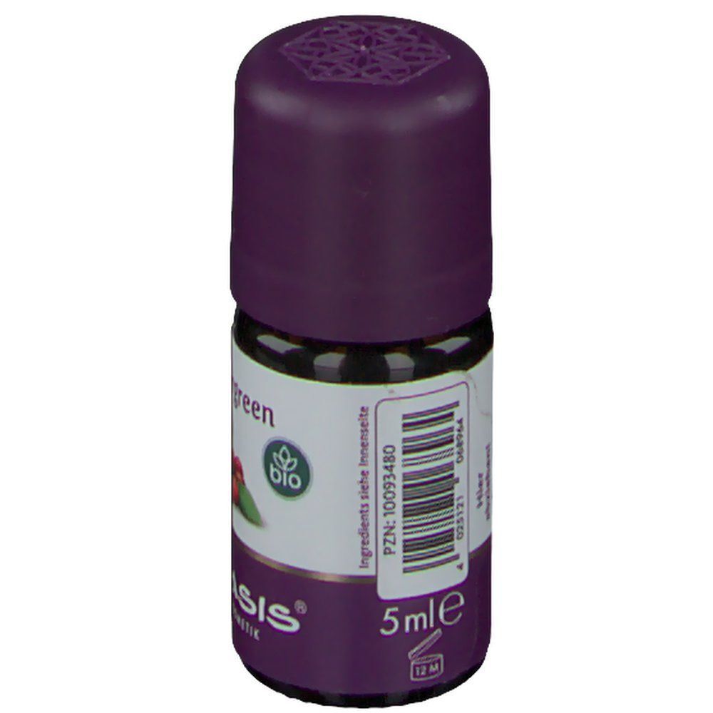 Braune Glasflasche TAOASIS® Wintergreen BIO mit lila Deckel. Etikett mit Wintergreen-Schriftzug, Blättern, Beeren und BIO-Siegel.