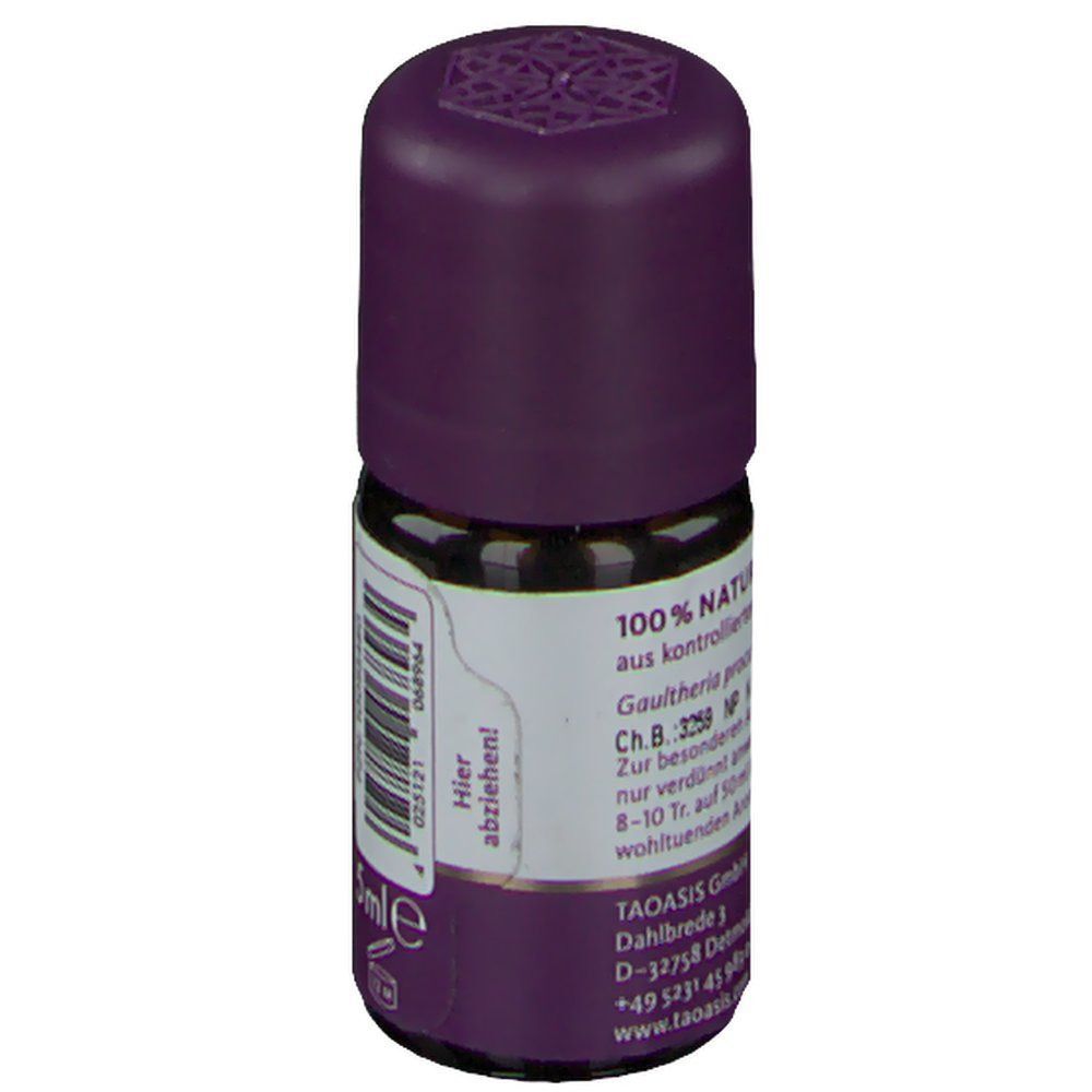 Braune Glasflasche TAOASIS® Wintergreen BIO mit lila Deckel. Etikett mit Text und Barcode. 5ml-Angabe.