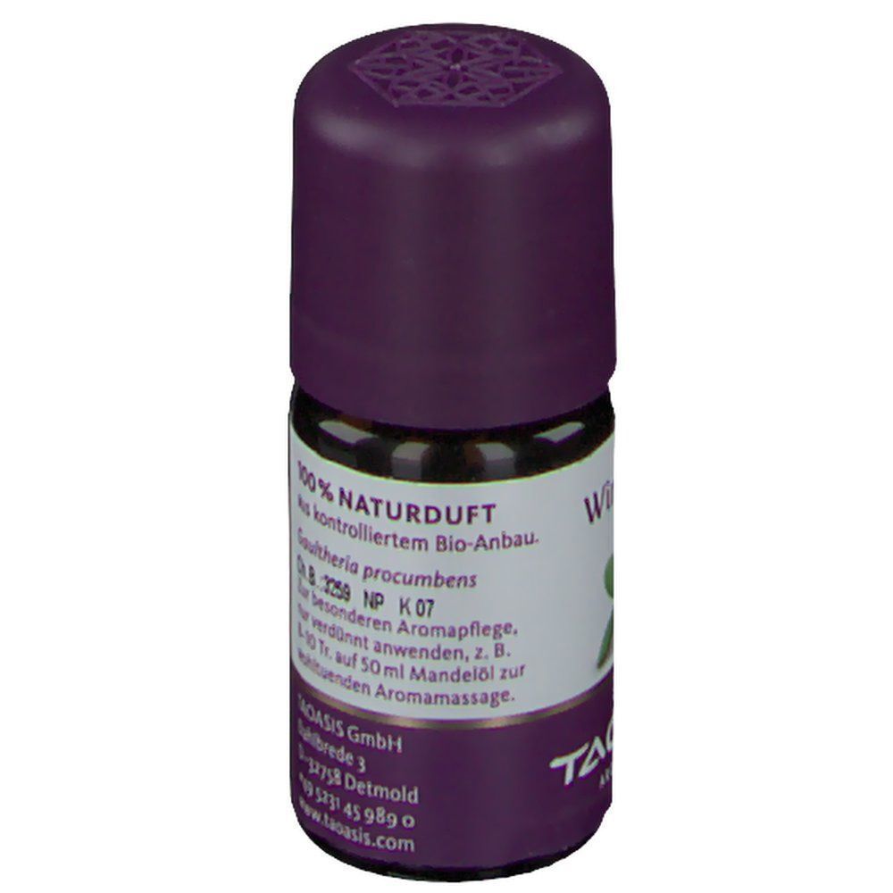 Braune Glasflasche TAOASIS® Wintergreen BIO mit lila Deckel. Etikett mit Text und Barcode. 5ml-Angabe.