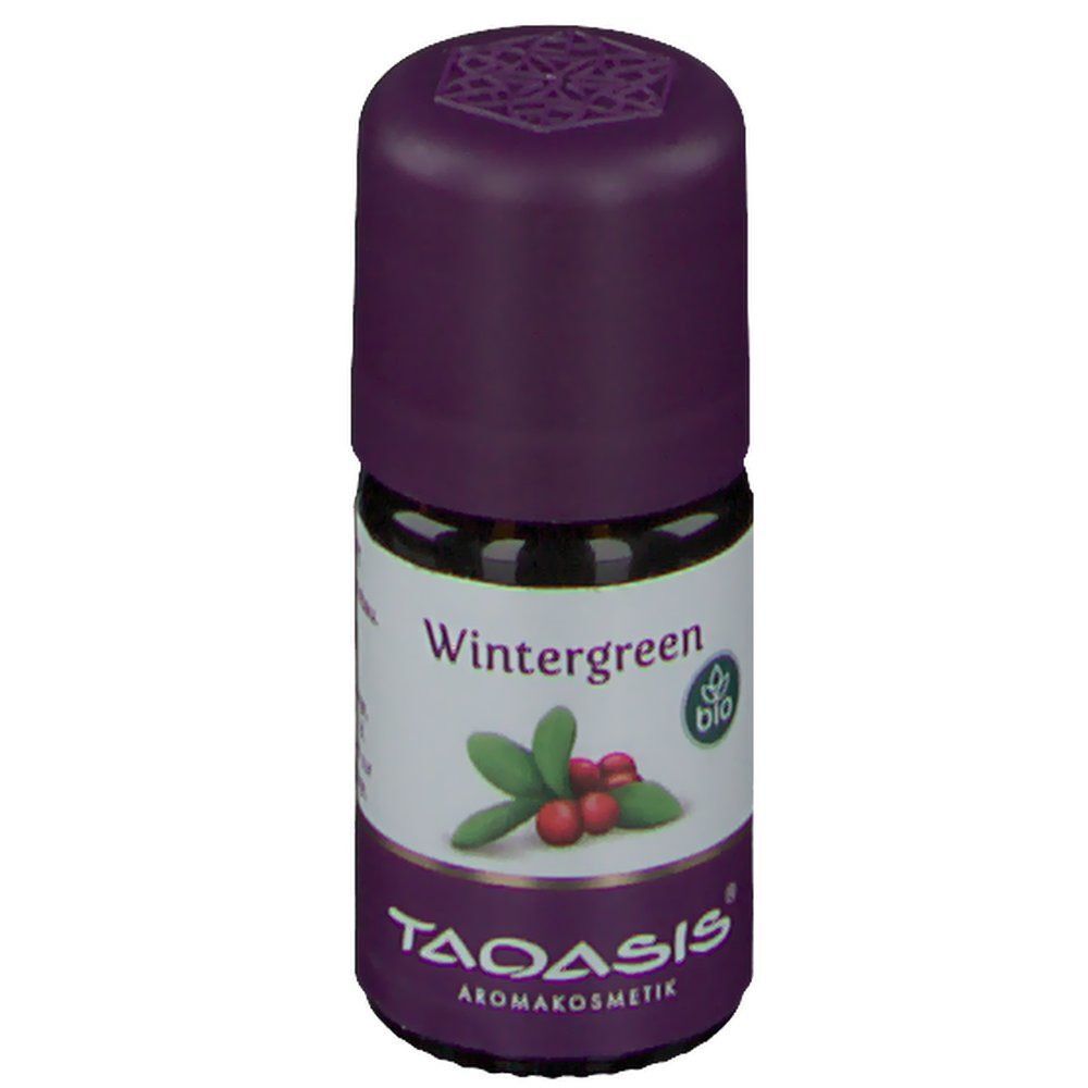 Braune Glasflasche TAOASIS® Wintergreen BIO mit lila Deckel. Etikett mit Wintergreen-Schriftzug, Blättern, Beeren und BIO-Siegel.