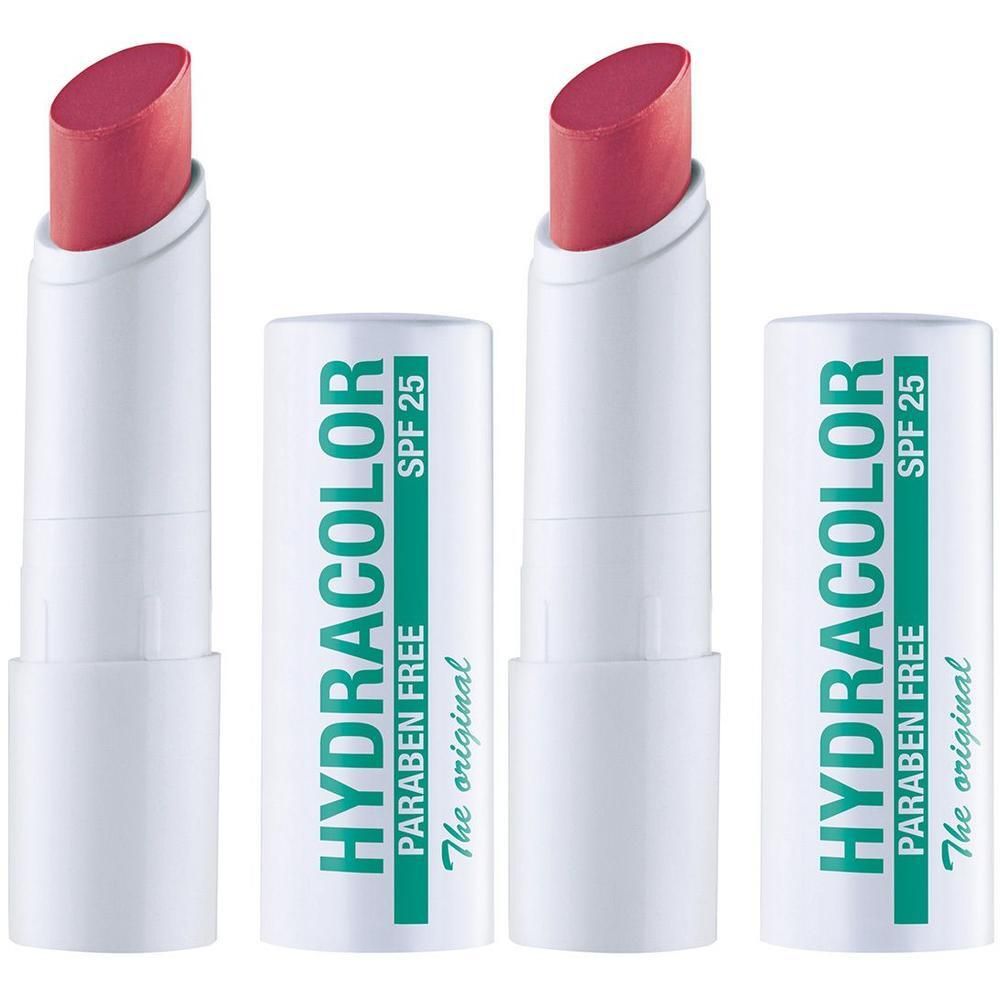 Zwei Lippenpflegestifte mit geöffneter und geschlossener Kappe. Sichtbar: HYDRACOLOR, SPF 25, nude rose.