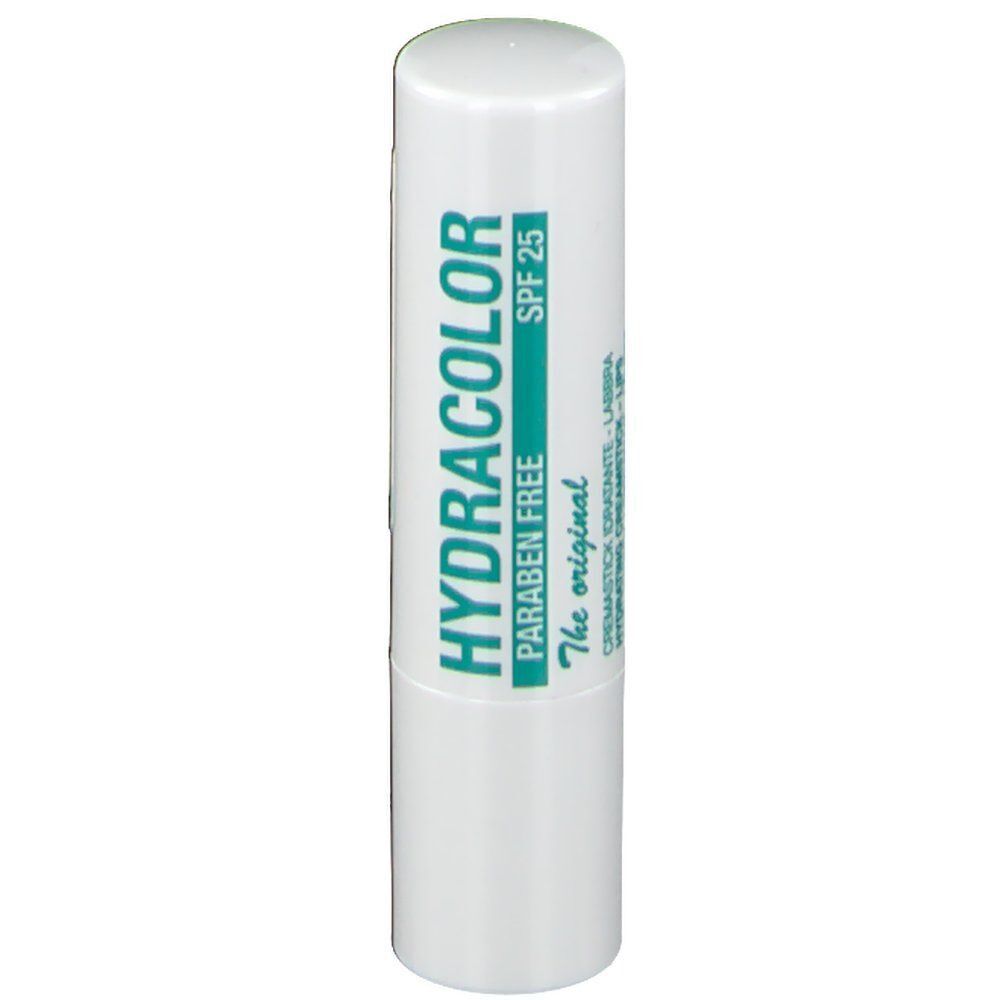 Weißer Lippenpflegestift mit grüner Schrift. Sichtbar: HYDRACOLOR, SPF 25, PARABEN FREE.