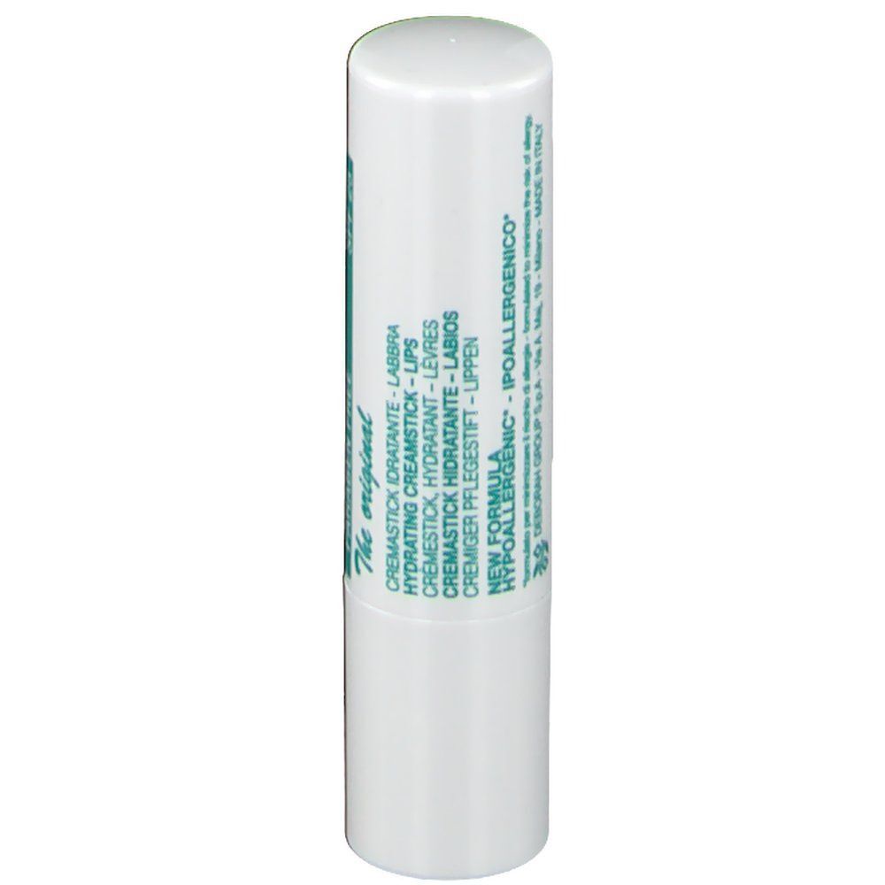 Weißer Lippenpflegestift mit grüner Schrift. Sichtbar: HYDRATING CREAMSTICK - LIPS, Hypoallergenico.