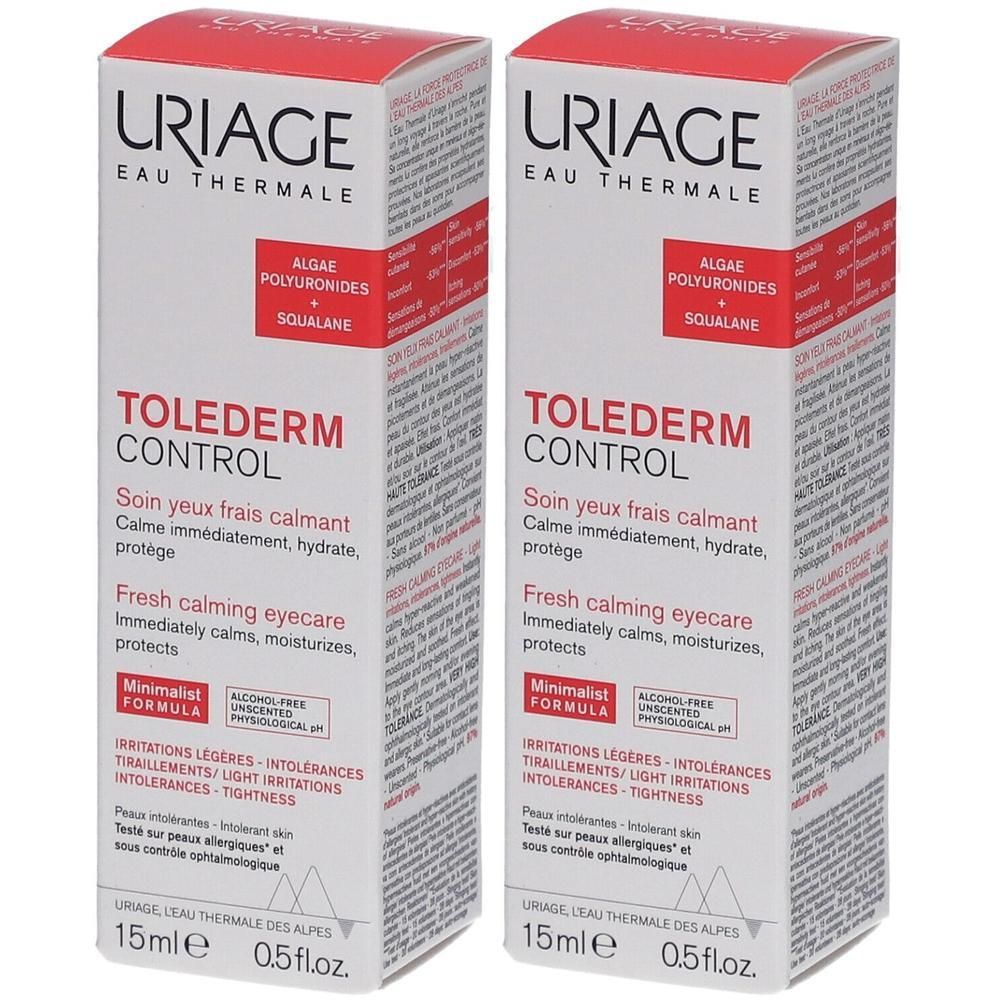 Zwei rechteckige Faltschachteln. Aufschrift: URIAGE, TOLEDERM CONTROL. Text in Französisch und Englisch. 15ml, 0.5 fl.oz.