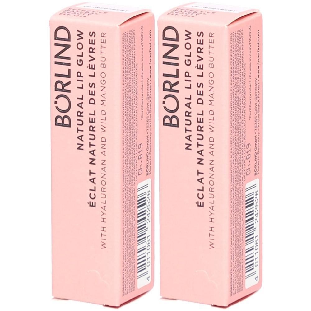Zwei Packungen BÖRLIND Natural Lip Glow mit Hyaluronan und Wild Mango Butter.