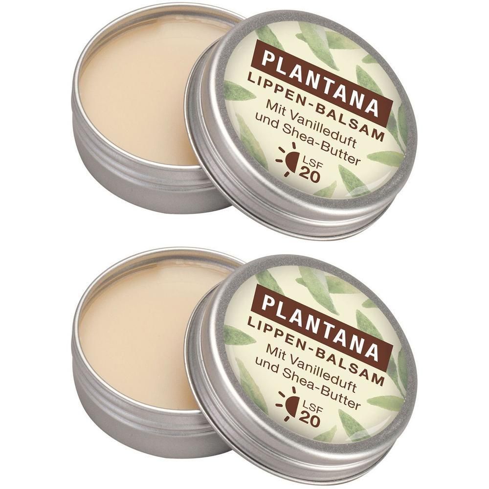 Zwei offene, runde Metallbehälter mit Lippenbalsam. Auf dem Deckel steht PLANTANA LSF 20. Text: Mit Vanilleduft und Shea-Butter.