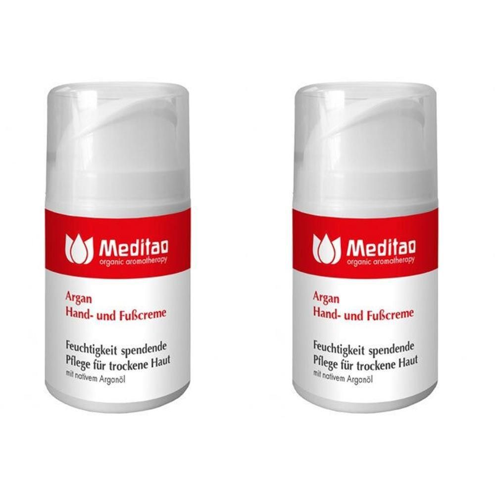 Zwei weiße Cremetiegel mit rotem Band. Aufschrift: Meditao, Argan Hand- und Fußcreme. Feuchtigkeitspflege für trockene Haut.