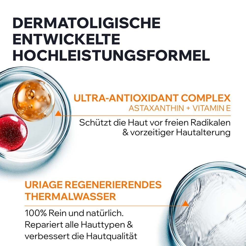Laborbild mit Flüssigkeiten. Text: Dermatologisch entwickelte Hochleistungsformel. Ultra-Antioxidantien-Komplex, regenerierendes Thermalwasser.