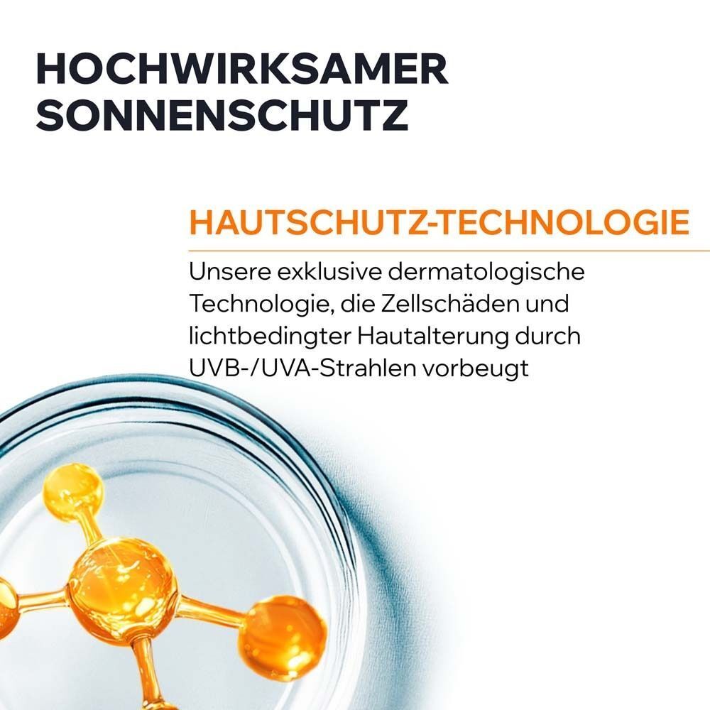 Laborbild mit Flüssigkeit. Text: Hochwirksamer Sonnenschutz. Hautschutz-Technologie. Zelle Schäden und lichtbedingte Hautalterung.