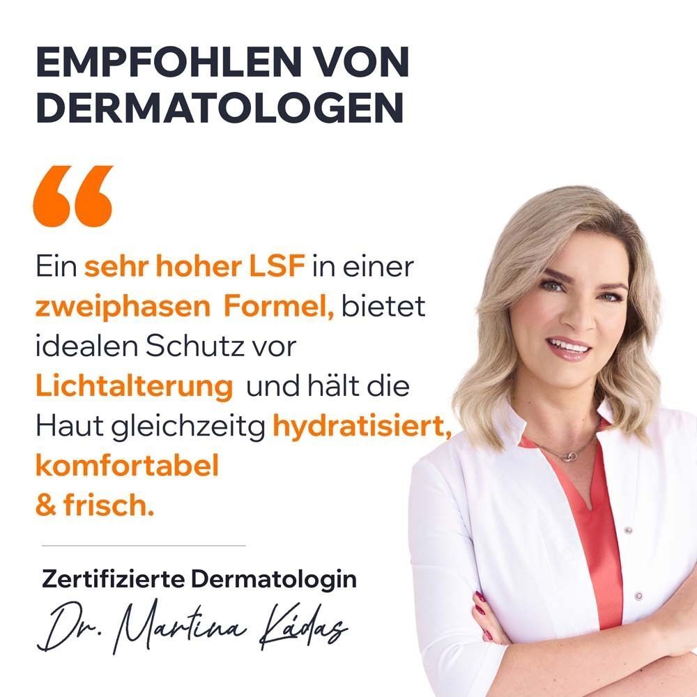 Frau im weißen Kittel. Text: Empfohlen von Dermatologen. Hoher LSF in Zweiphasen Formel. Hält die Haut hydratisiert.