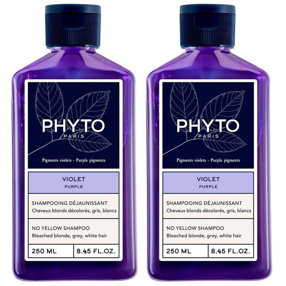 Zwei violette Shampoo-Flaschen mit Etikett. Aufschrift: PHYTO PARIS, Violet, No Yellow Shampoo. 250 ml.