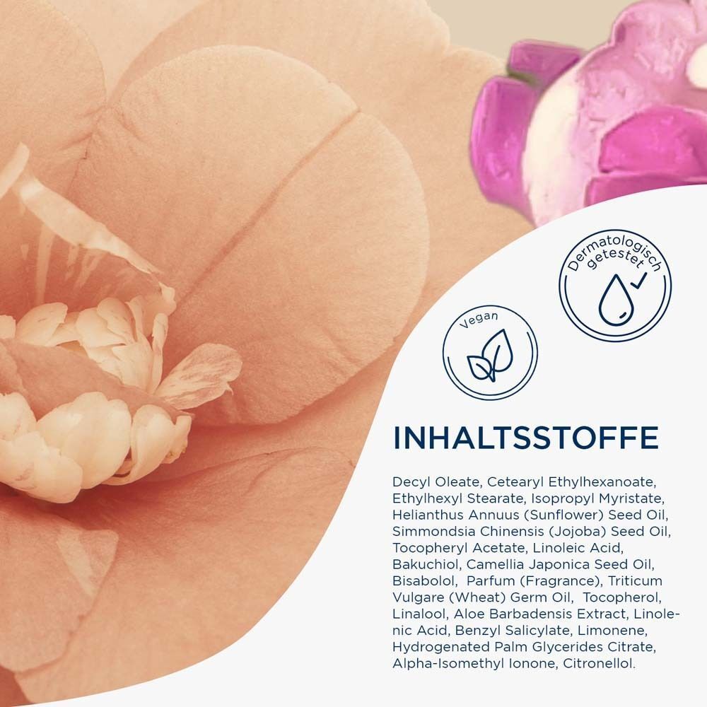 Nahaufnahme von Blüten und Inhaltsstoffliste. Siegel: Dermatologisch getestet, Vegan.