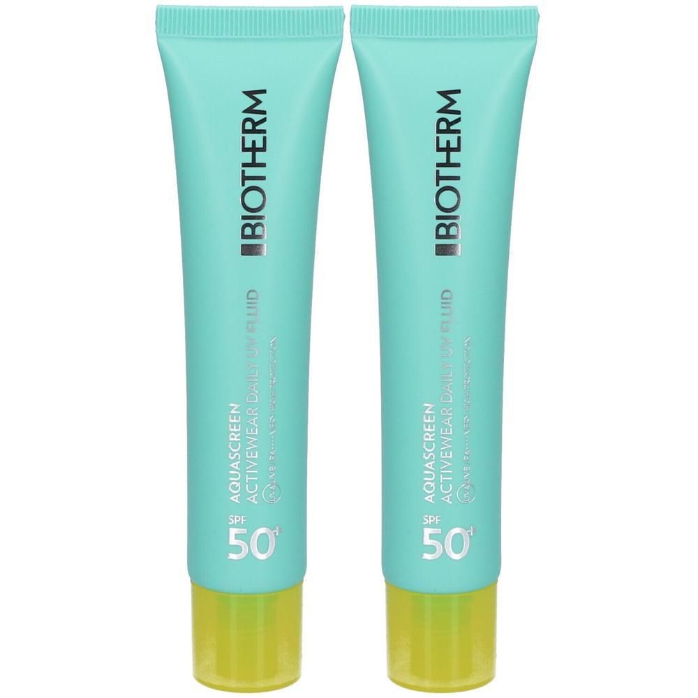 Zwei Tuben mit türkisfarbenem Körper und gelbem Verschluss. Aufgedruckt: BIOTHERM, AQUASCREEN, LSF 50+.