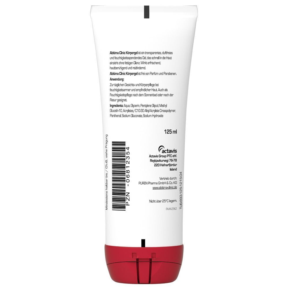 Rückseite einer Tube ABITIMA CLINIC Körpergel. Weiß, roter Deckel. Text und Inhaltsangaben. 125 ml.