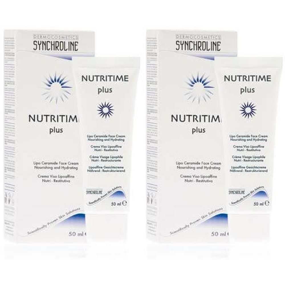 Zwei Tuben und Schachteln SYNCHROLINE NUTRITIME plus Creme. Weiße Verpackung mit blauer Grafik und Text. 50 ml.