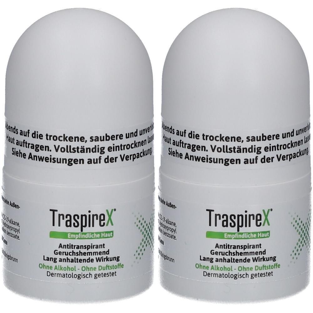 Zwei weiße Deo-Roller. Aufschrift: TraspireX, empfindliche Haut, Antitranspirant, geruchshemmend, ohne Alkohol und Duftstoffe. Dermatologisch getestet.