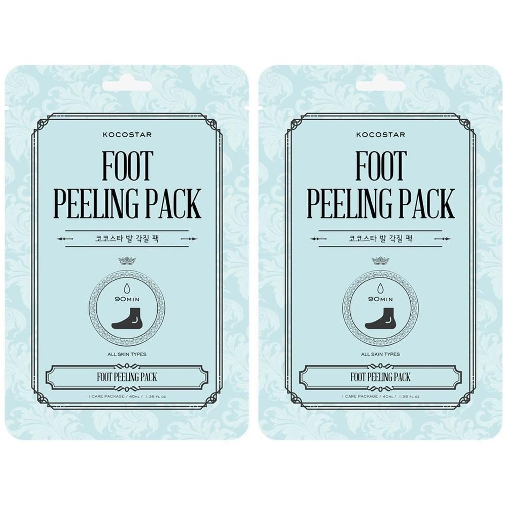 Zwei KOCOSTAR Foot Peeling Pack-Verpackungen. Hellblaue rechteckige Verpackung mit schwarzer Schrift. Enthält ein Fußsymbol und die Aufschrift 'Foot Peeling Pack'.