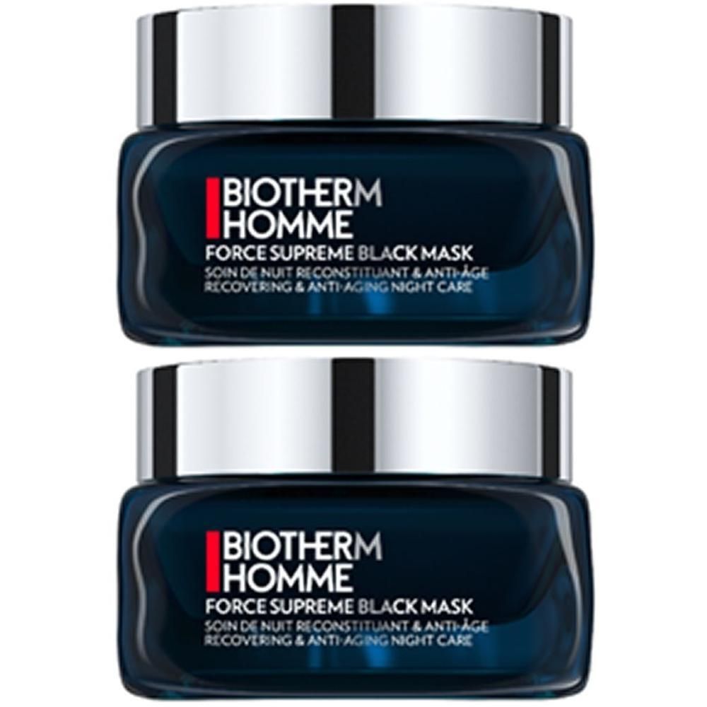 Zwei Tiegel BIOTHERM HOMME Force Supreme Black Mask. Schwarze Tiegel mit silbernen Deckeln. Text: Force Supreme Black Mask.