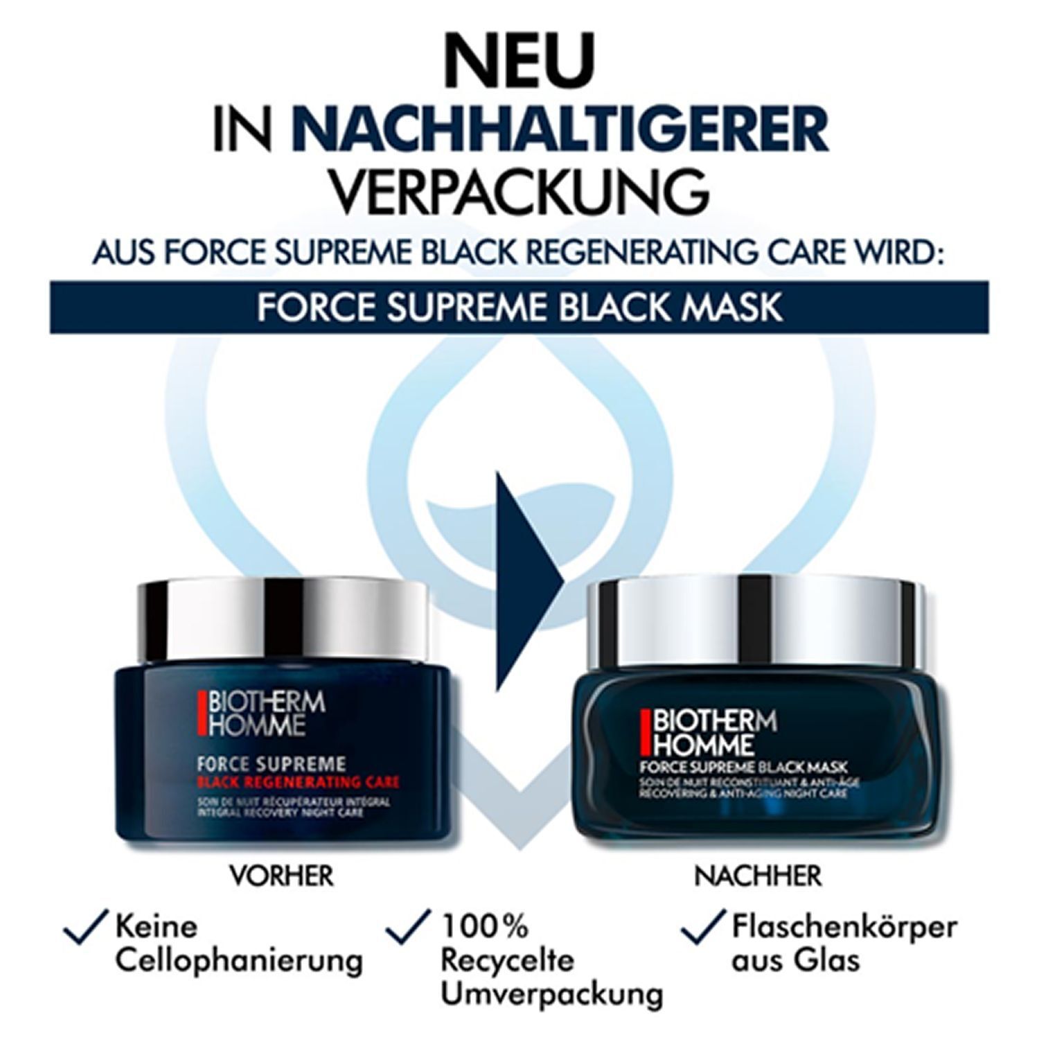 Vergleich der Verpackung: Vorher und Nachher. Links: Force Supreme Black Regenerating Care. Rechts: Force Supreme Black Mask. Text: Glasflaschenkörper.