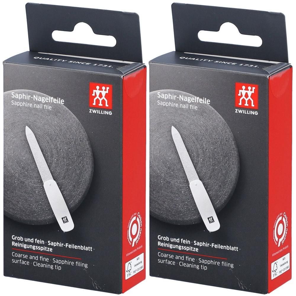 Zwei Produktverpackungen. Auf jeder Schachtel ist eine Saphir-Nagelfeile abgebildet. Der Schriftzug "ZWILLING" ist sichtbar.