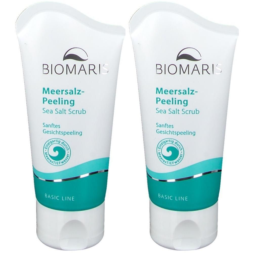 Zwei Tuben mit weißem Hintergrund. Auf jeder Tube steht "BIOMARIS Meersalz-Peeling Sea Salt Scrub". Türkisfarbene Akzente.
